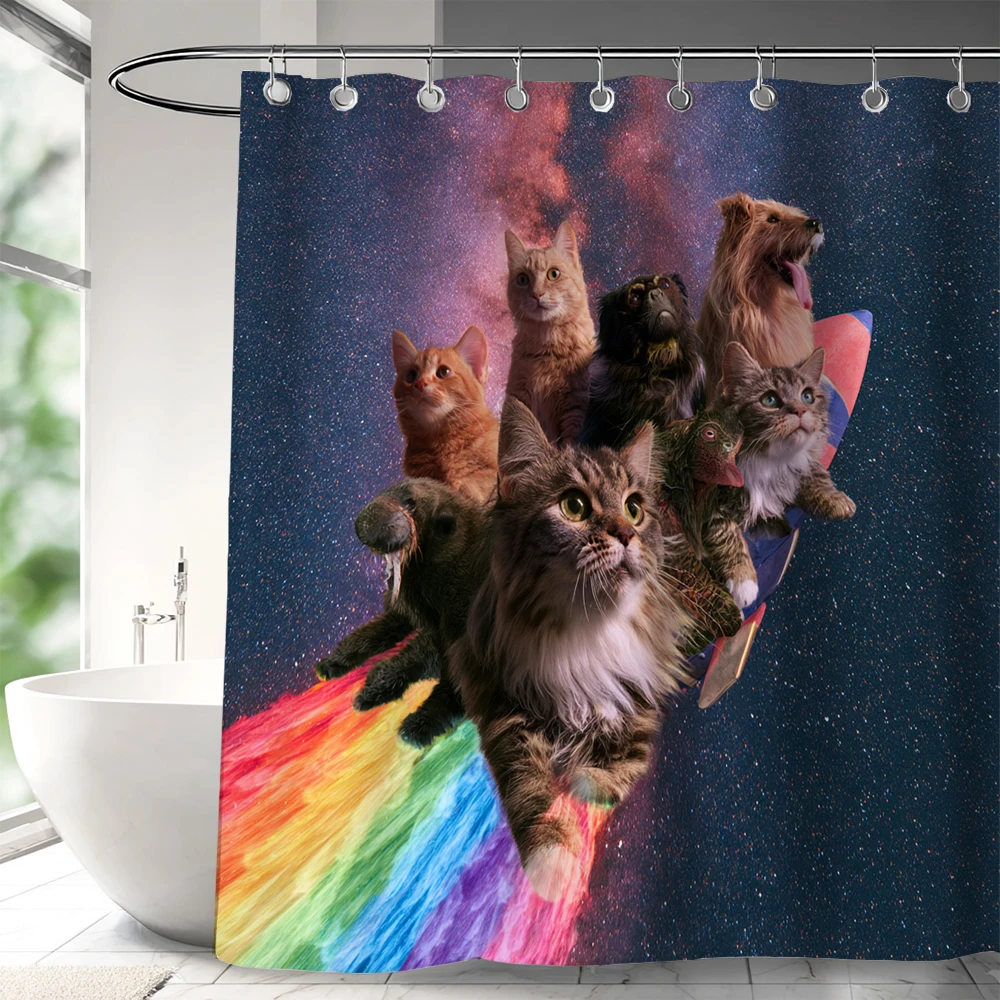 1pc Starry Rainbow Funny Cat Shower Curtain,Unique and Creative Design Cats Bathroom Curtain,Home Decoration Curtain With Hooks