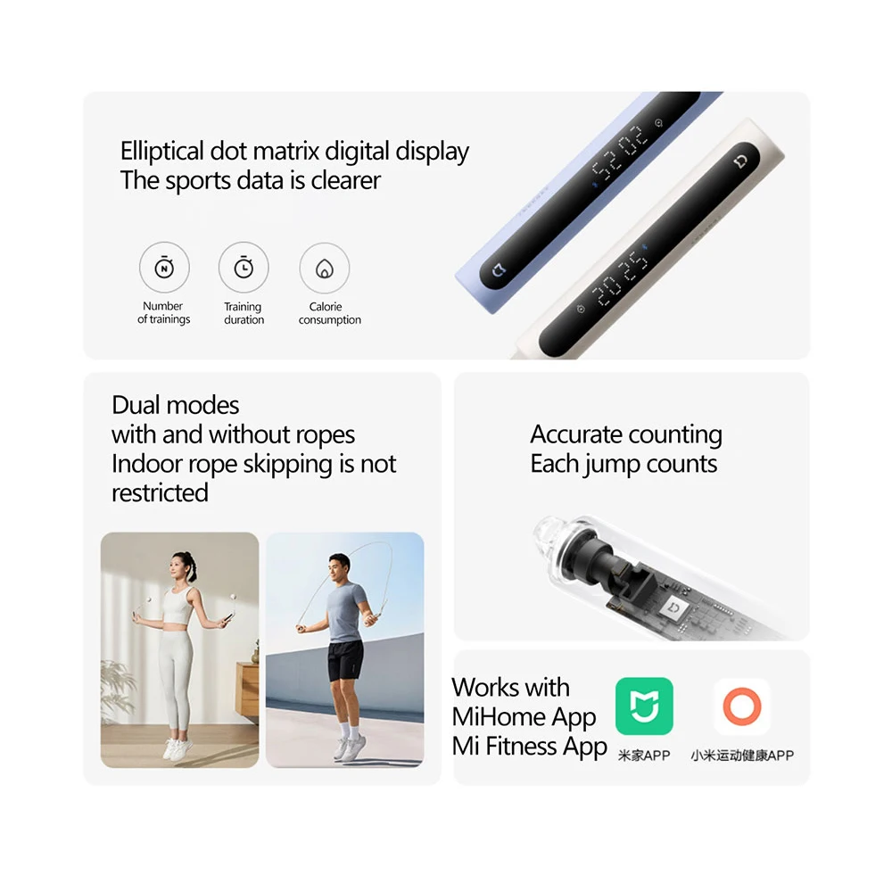 Умная скакалка Xiaomi Mijia 2, скакалка с цифровым дисплеем, подсчет работает с приложением MiHome, приложение Mi Fitness