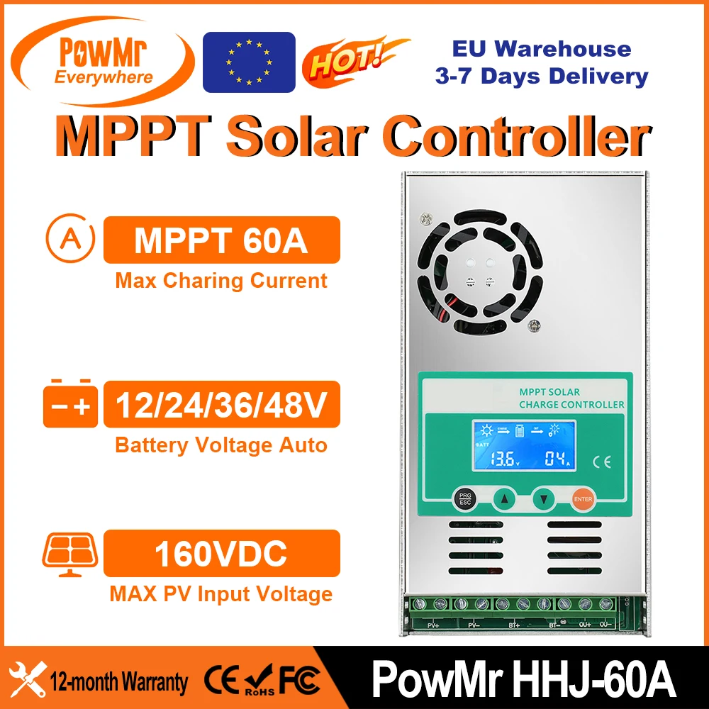 PowMr 60A MPPT Solar Charge Controller Work for 12V 24V 36V 48V Lithium Lead Acid Battery With LCD Display Max PV 160VDC Input