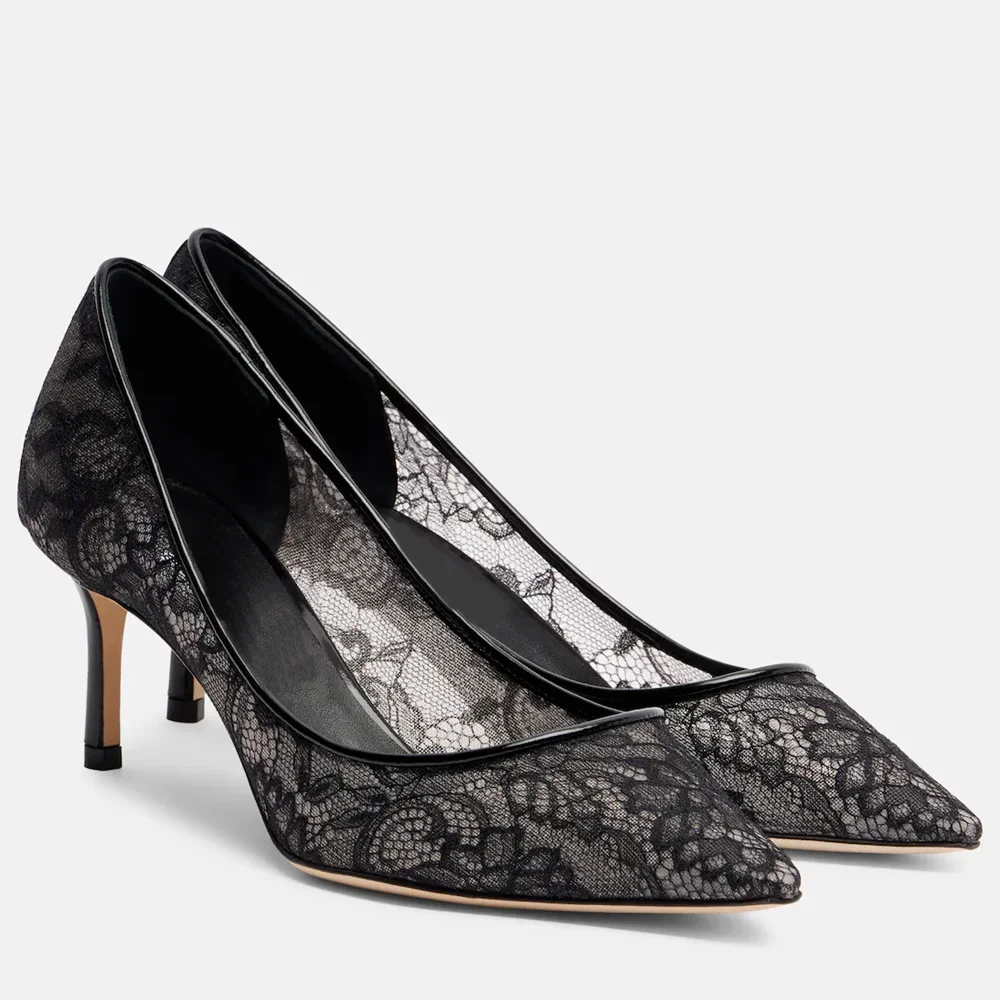 

Transparent Lace Embroidery High Heels Sexy Pointed Toe Stiletto Solid Slip On Customized New Arrivals Fashion Women Shoes
