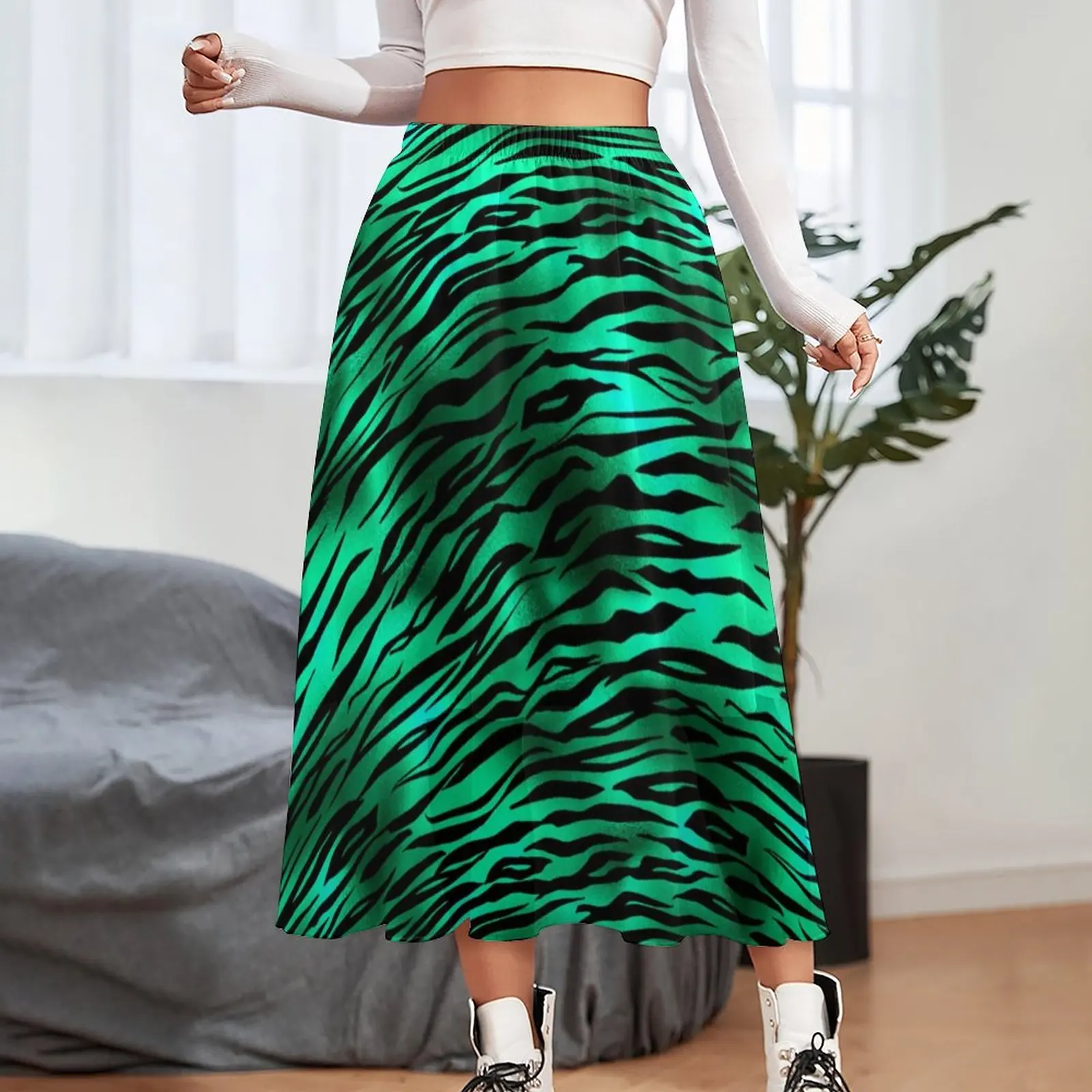 Green Leopard Print Skirt Emerald Gold Safari Design Trendy Long Skirts Elastic Waist Print Casual Skirt Street Fashion Big Size