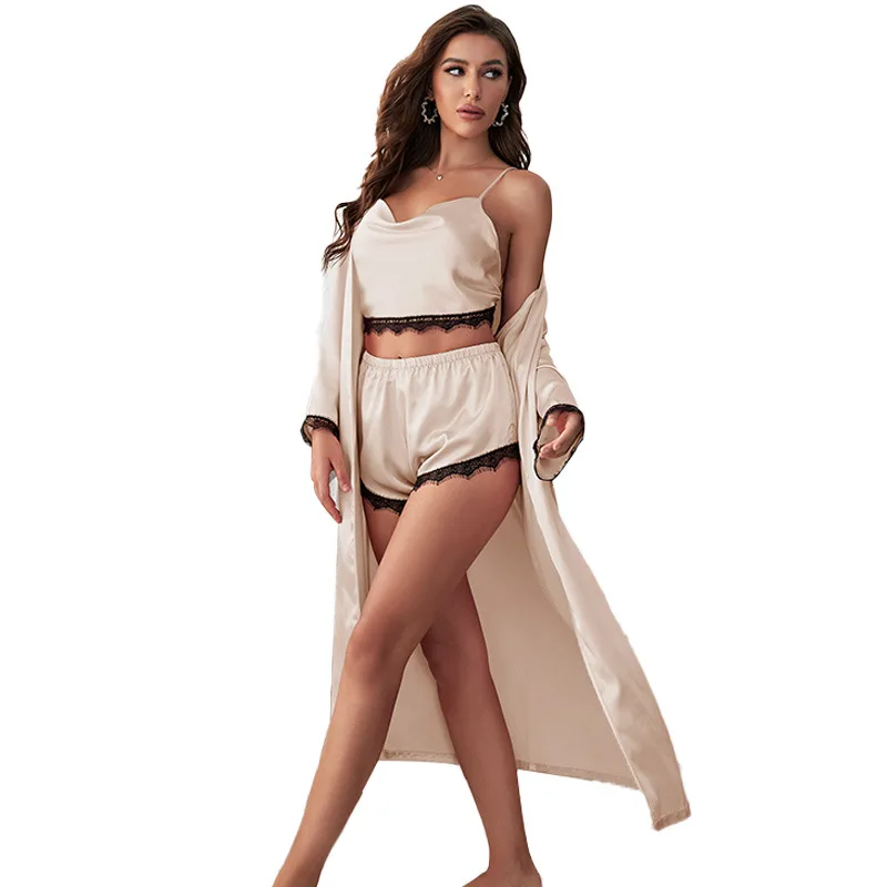 

Ygolonger 3Piece Ice Silk Home Clothes Suit Suspender Shorts Nightgown Imitation Silk Sexy Casual Pajamas Women's Satin Robe