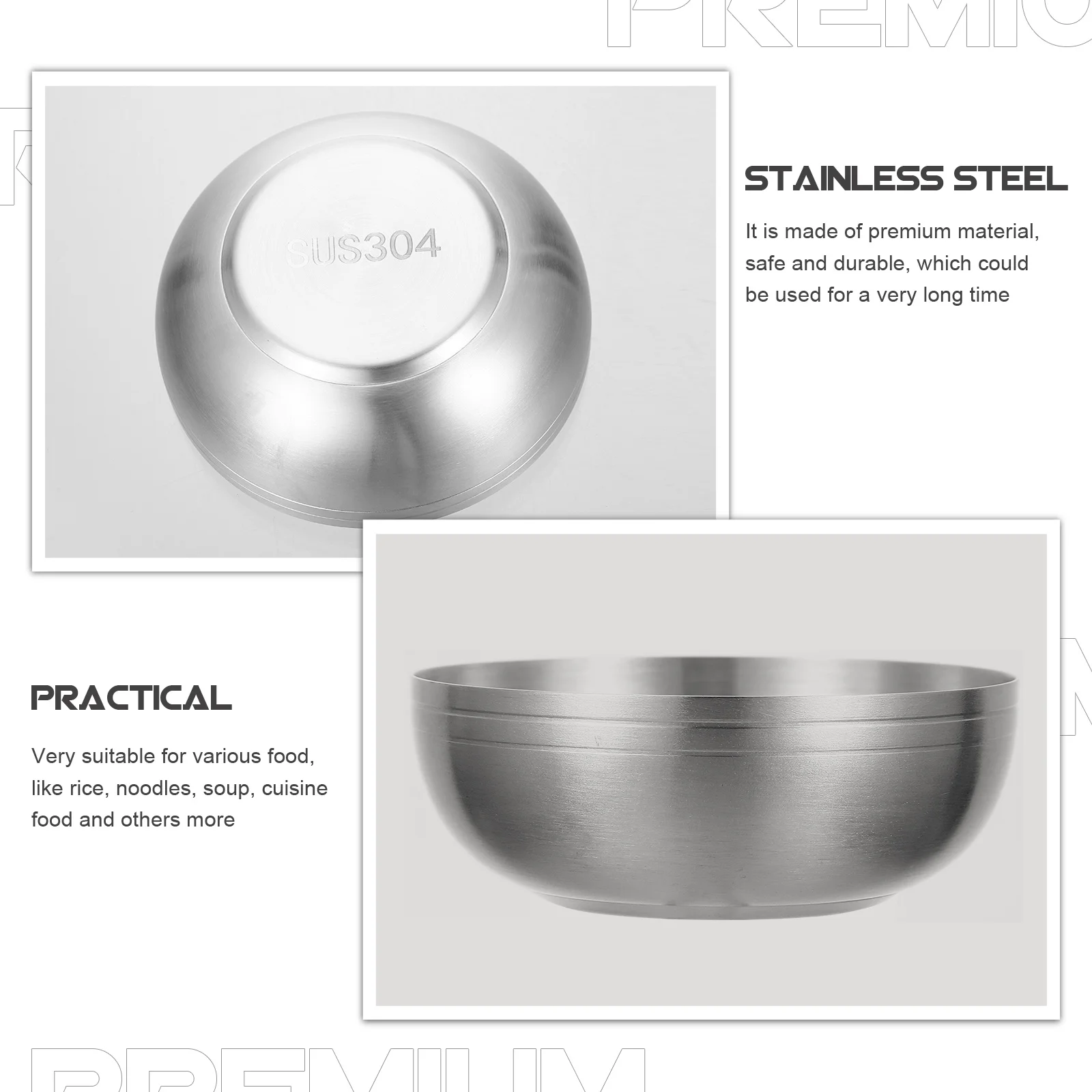 Stainless Steel Bowl 304 Soup Noodle Rice Food Serving Dish For Home Restaurant Use Kitchen Dining Tableware Set