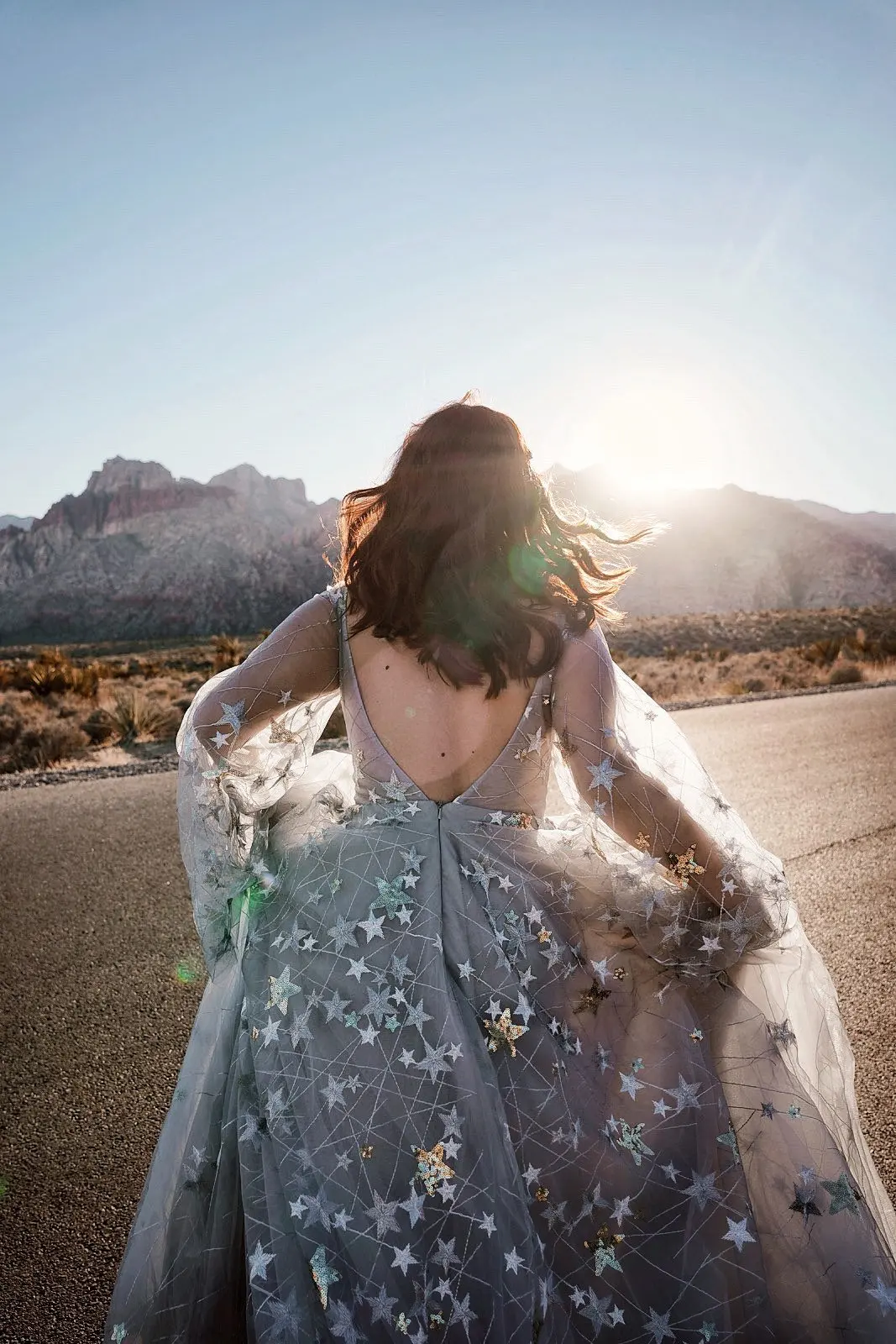 Celebrity Unique Boho Wedding Dress Gray Tulle A-Line White and Gold Sequin Star Bell Sleeve Front and Back Deep V Neck Dress