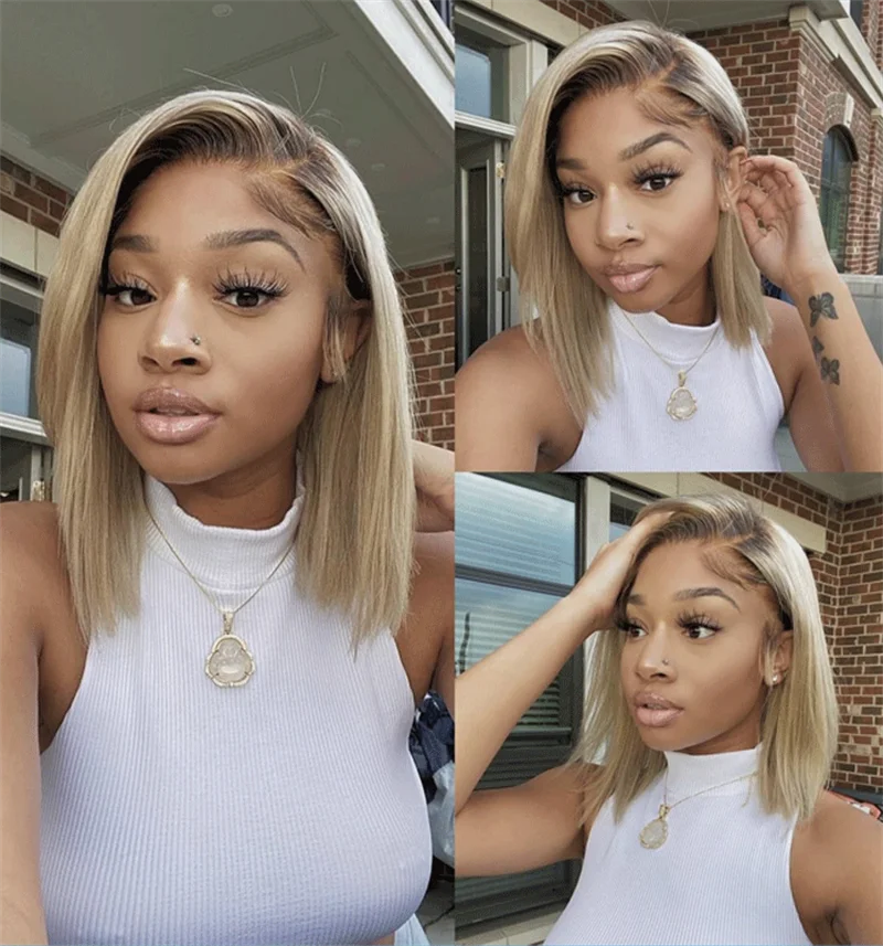 

Bob Wig Blonde With Dark Roots Natural Hairline Synthetic Lace Front Wig Straight 16 Inches Synthetic Wigs For Women Luxury Wig
