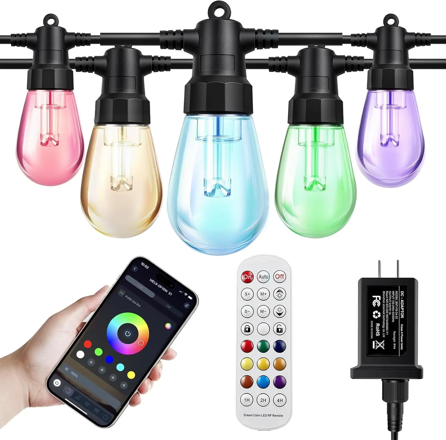 

Уличные гирлянды 29 м с 30 диммируемыми светодиодными лампами, RGBW и теплый белый свет, водонепроницаемость IP67, управление через приложение и пульт ДУ для двора