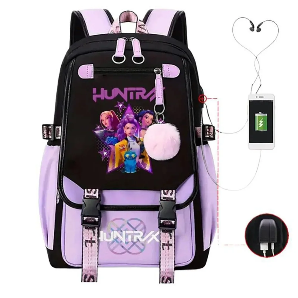 

KPop Demon Hunters Printed Anime Backpack Multiple Pockets Cosplay Bag with Pendant Student Black Pink Multi Functional Backpack
