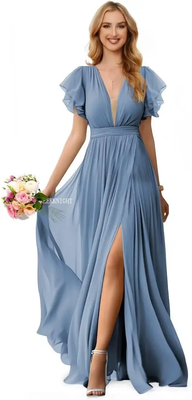 

Women's Chiffon Mother of The Bride Dresses with Sleeves for Wedding Long Slit Pleated Formal Evening Gowns Prom Party Dresses