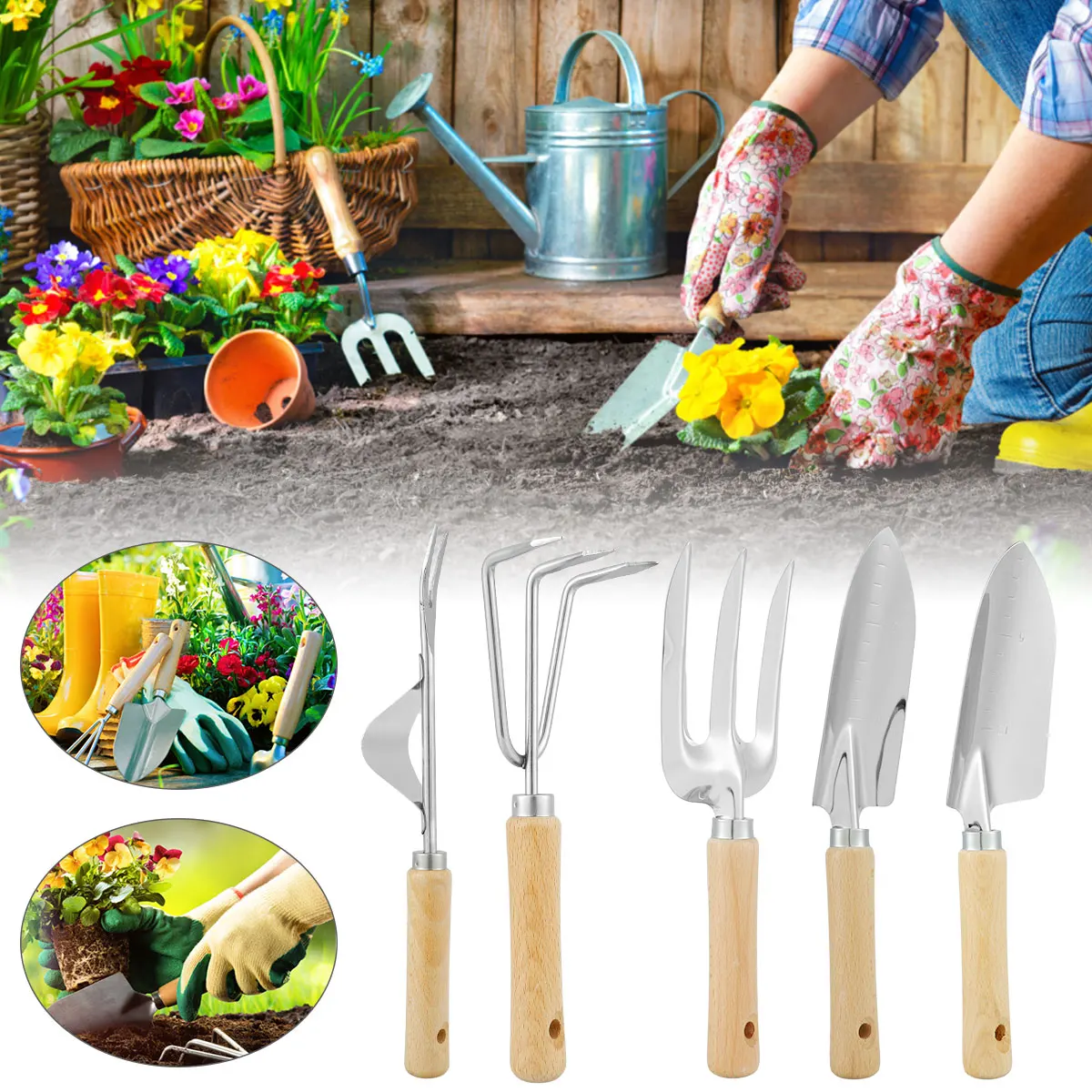 

5Pcs Gardening Potting Tools Miniature Planting Tool Wooden Handle Iron Garden Shovel Rake Spade for Flowers Potted Plant Bonsai