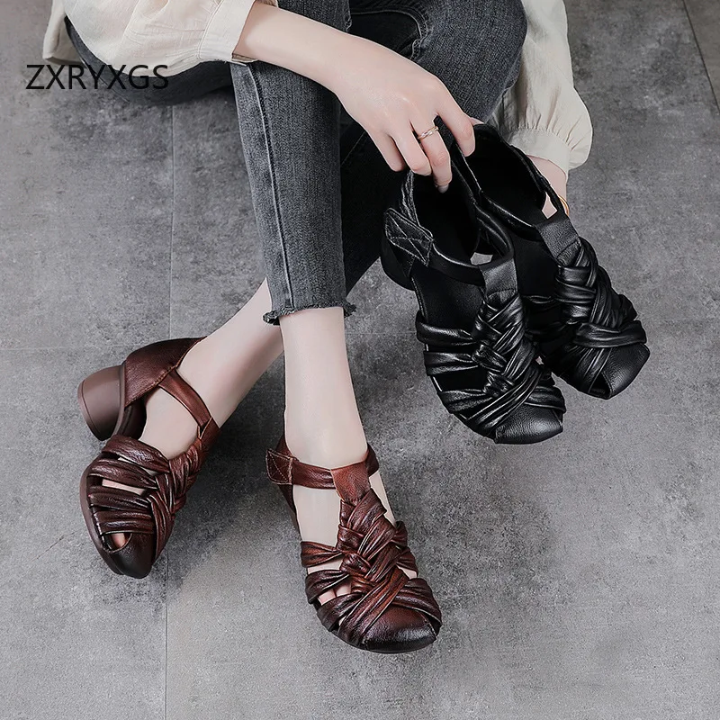 ZXRYXGS Top Cowhide Woven Hollow Breathable Women Genuine Leather Sandals 2026 Summer Round Toe Elegant Modem Sandals High Heels view 4