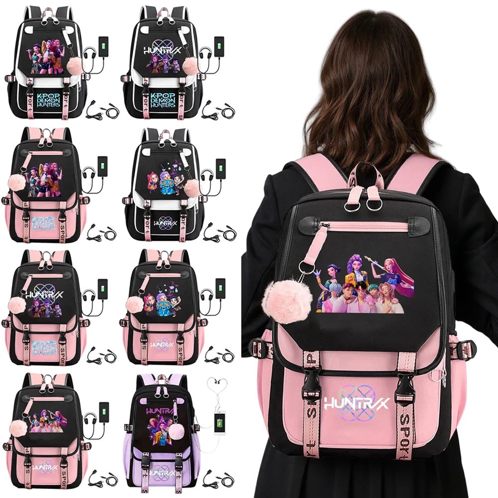 

KPop Demon Hunters Bookbag Студенческий аниме Kawaii Школьные сумки Рюкзак с зарядкой через USB Подростковый большой вместительный рюкзак Slayer