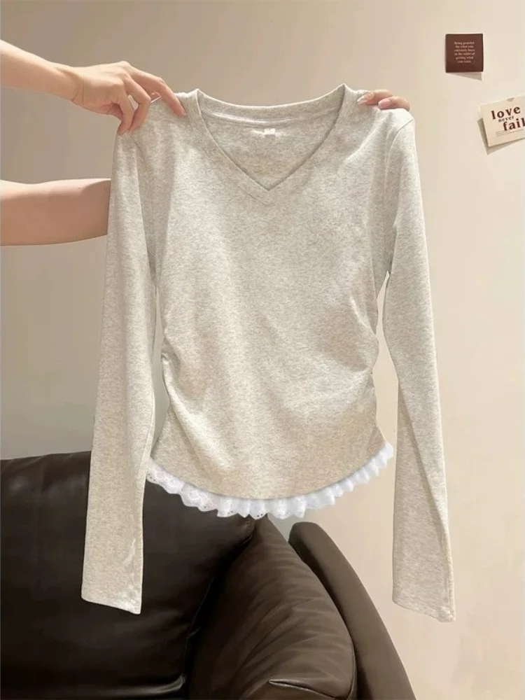 Slim Fit Long Sleeve V-Neck Base Shirt Women's Cotton 95% T-Shirt Spring Autumn New Style plus Size Waist Cinched Inner Wear
