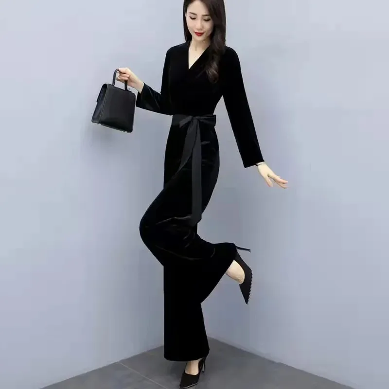 Women\'s Fashion Jumpsuit 2024 Spring New Slim Fit Jumpsuit Wide Leg Pants Black Women\'s Clothing