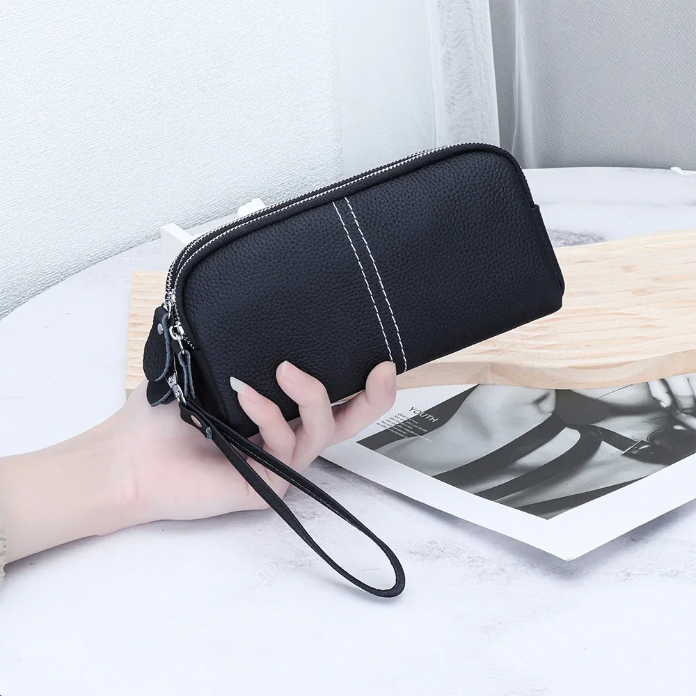 Women's Genuine Leather Wristlet Clutch Wallet Purse Small Multi Pocket Cell Phone Bag Three Layer Zipper Handphone Pouch