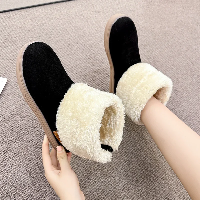 2024 New Shoes for Women Slip on Women\' Boots Winter Round Toe Solid Flock Plush Warm Comfortable Low-heeled Mid Calf Snow Boots