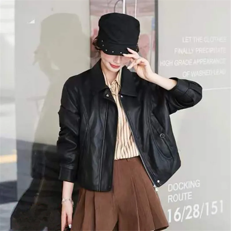 Korean Vintage Women Slim Short Faux PU Leather Jacket Coffee Color Brown Black Autumn New Lapel Long Sleeve Female Biker Jacket