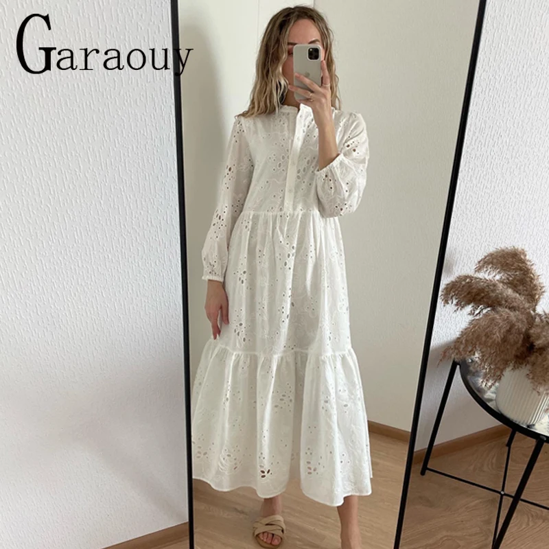 Garaouy 2022 New Women Elegant Embroidered Lace Dress White Female Splicing Dress Floral Hollow Out Loose Casual Party Vestidos