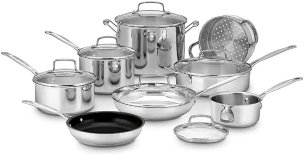 

14-Piece Stainless Steel Cookware Set with Encapsulated Aluminum Base for Even Heating, Dishwasher Safe