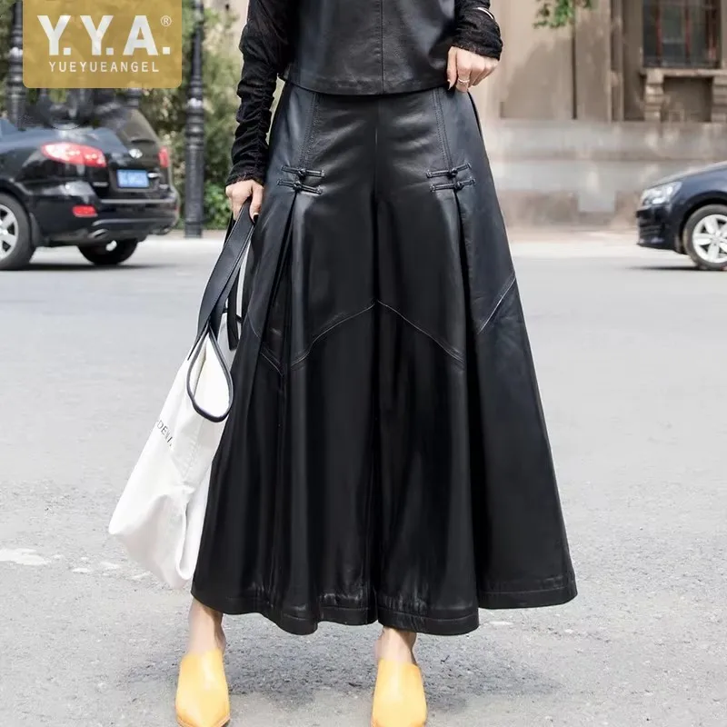 Top Quality Sheepskin Pants Women Spring Autumn Loose Wide Leg Pants Streetwear Vintage Black Elastic Waist Office Lady Trousers
