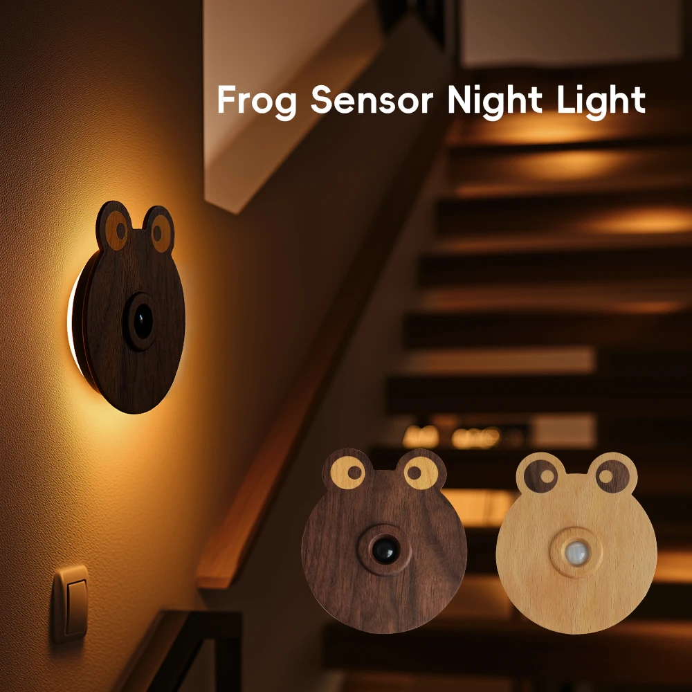 Cute Frog Sensor Night Light LED Wood Human-body Induction Wall Lamp Wood Frog-shaped Motion Sensor Night Light LED Rechargeable