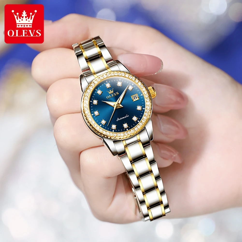 OLEVS Women\'s Watches Fashion Original Automatic Mechanical Watch for Ladies Sparkling Diamond Dial Waterproof Luminous Date