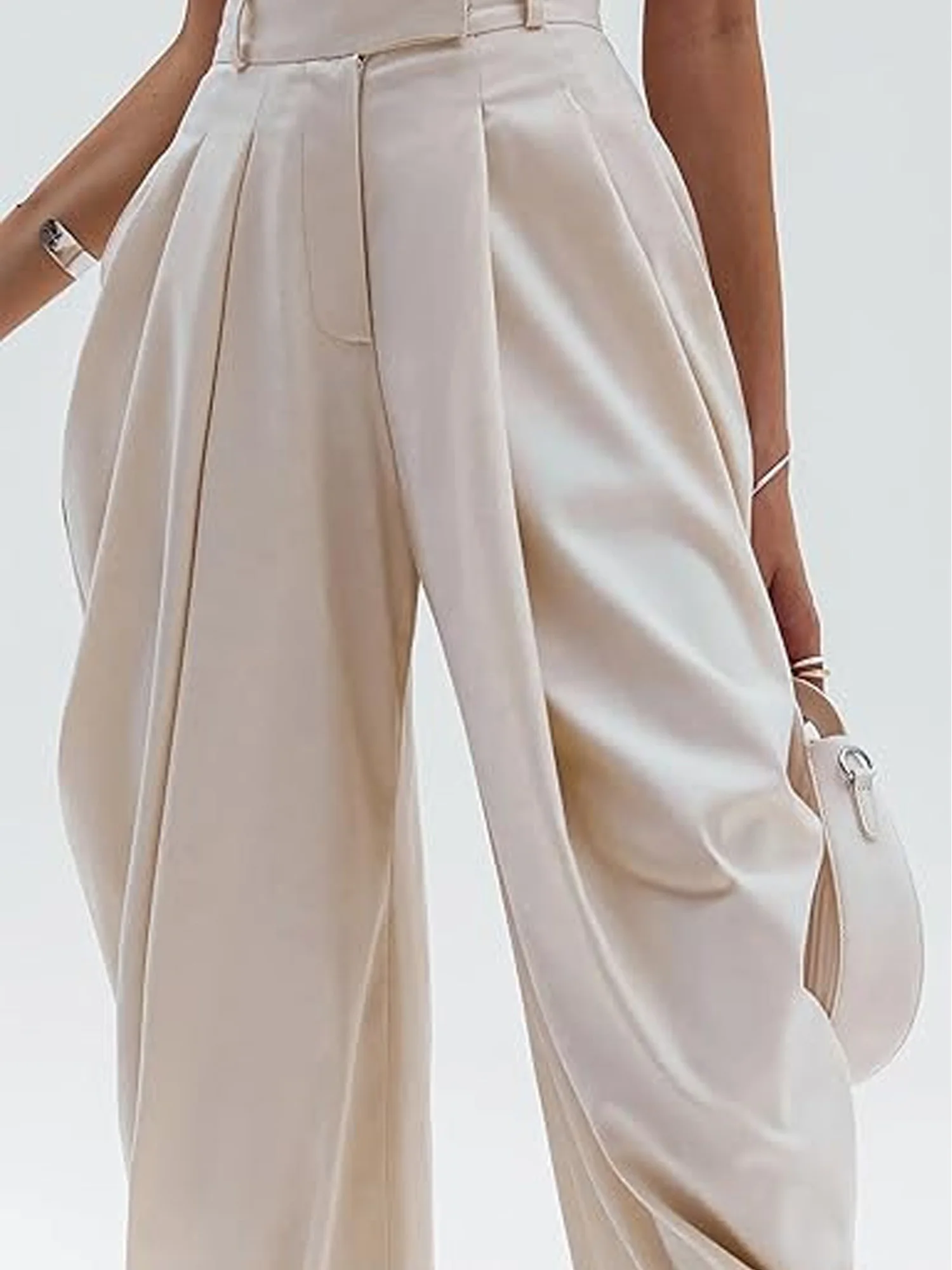 여성용 우아한 블루머 바지 앞주름 디테일 루즈핏 솔리드 컬러 배럴 팬츠 롱 팬츠 오피스 휴가용