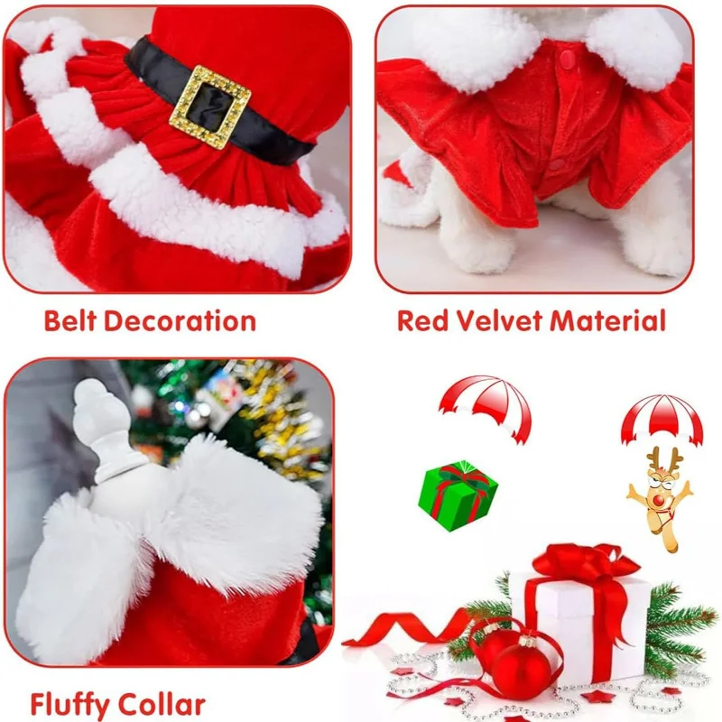 Dog Christmas Costume Puppy Dress Santa Claus Pet Clothes Velvet Skirt Winter Outfit For Small Medium Dogs Cats Warm Coat Xmas