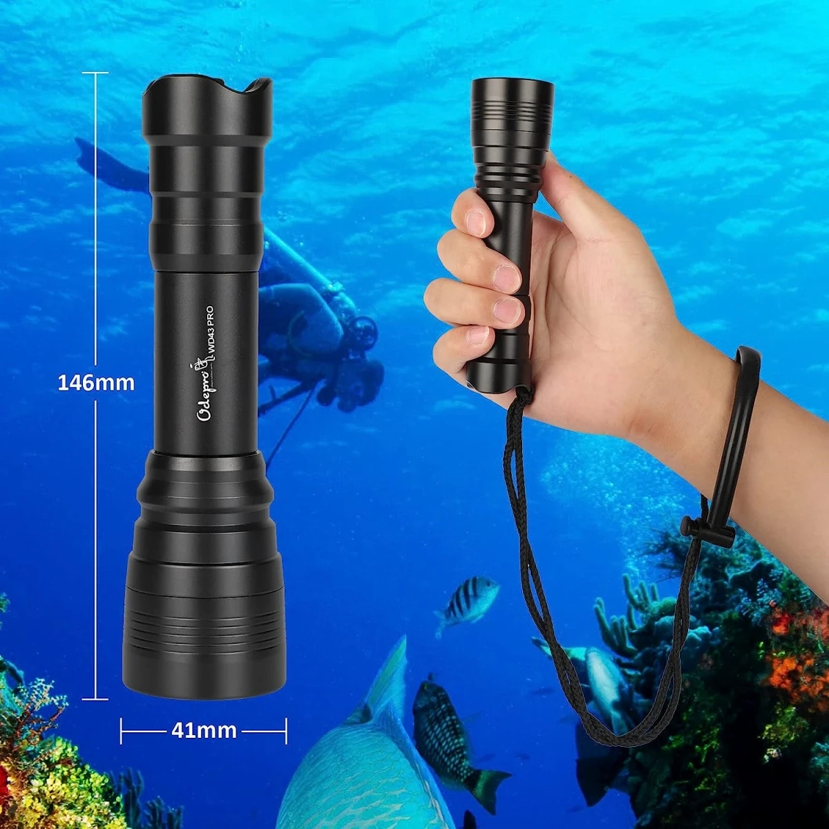 Odepro WD43 High Power Diving Flashlight Underwater Lantern LED Torch Rechargebale IP68 Waterproof Professional Scuba Dive Light