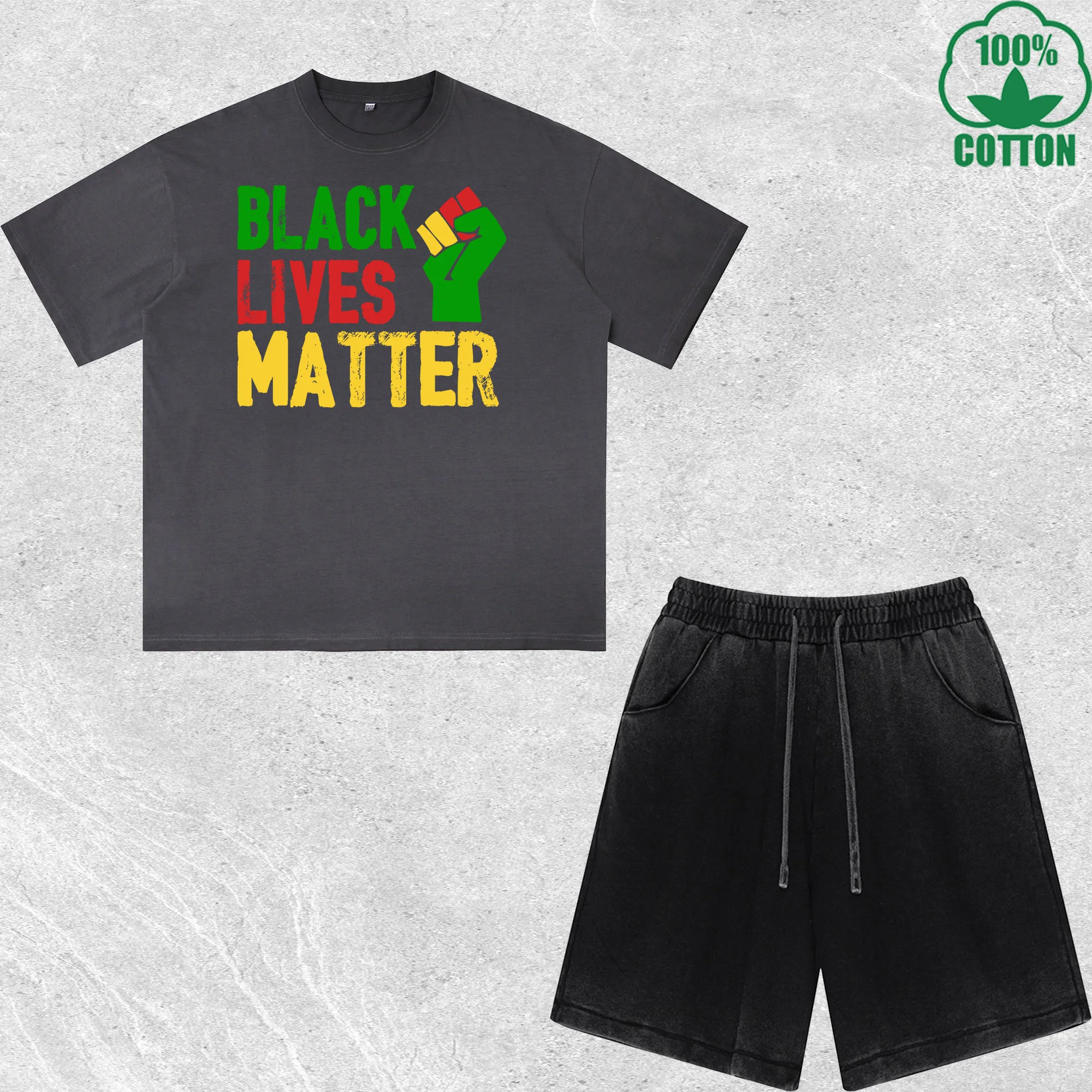 Conjunto de Camiseta y Pantalones Cortos con Estampado 'Black Lives Matter', Estilo Desgastado, Holgado, Moderno y a la Moda, 100% Algodón, Paquete Económico