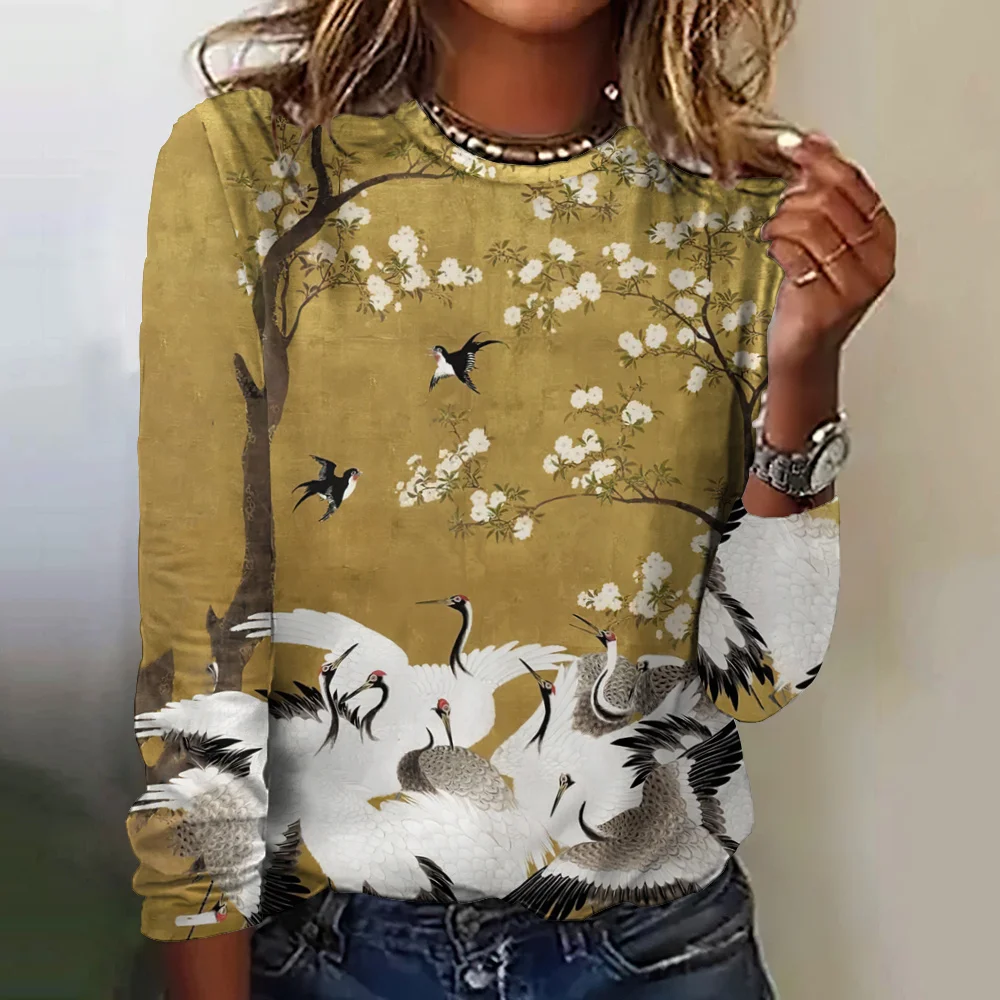 Harajuku Women's T-Shirt Mount Fuji Print Long Sleeve Top Casual Streetwear Loose Sweatshirt Women's Crew Neck Long Sleeve