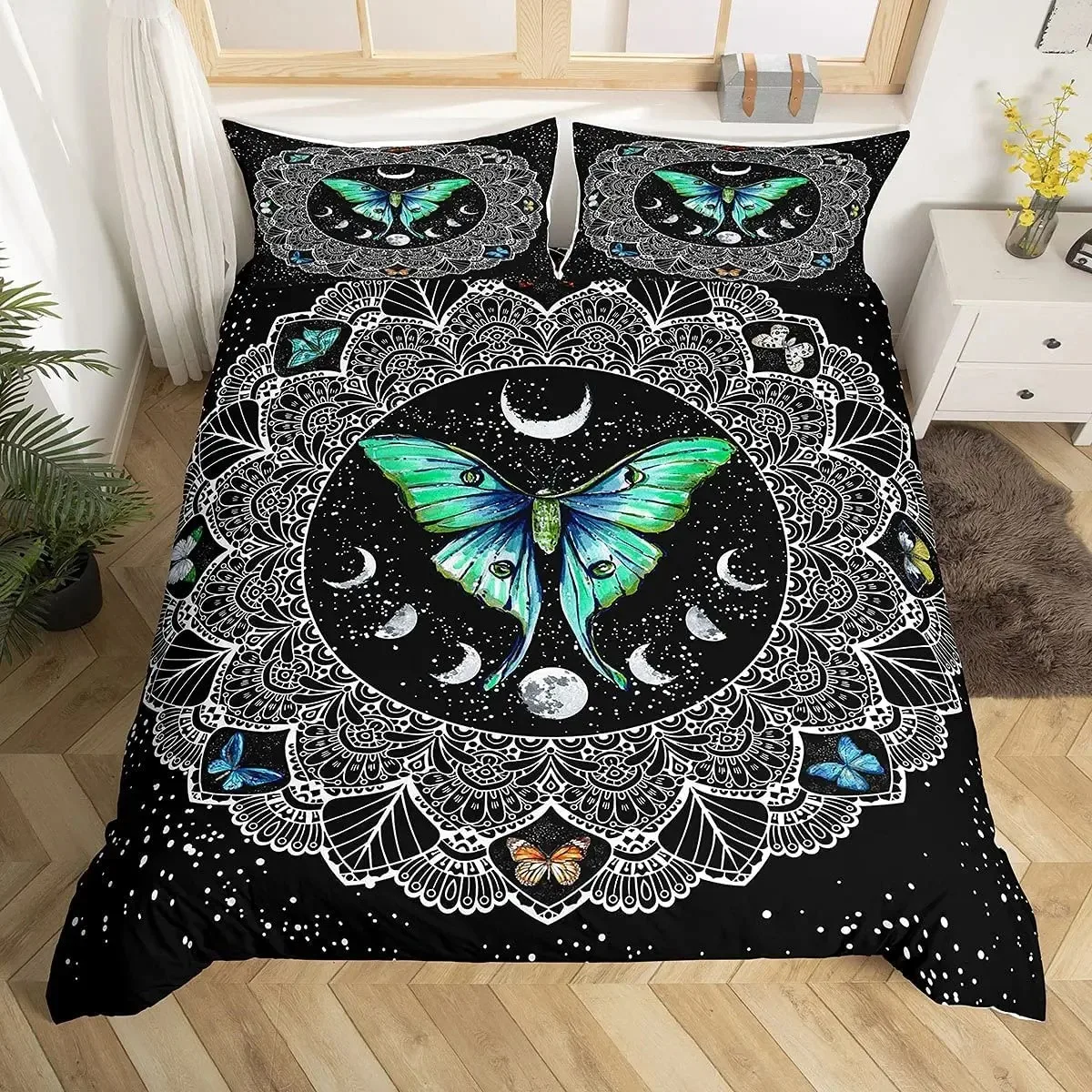Death Moth Duvet Cover Set King Queen Full Twin Size Galaxy Sun And Moon Polyester Comforter Cover Boho Gothic Skull Bedding Set
