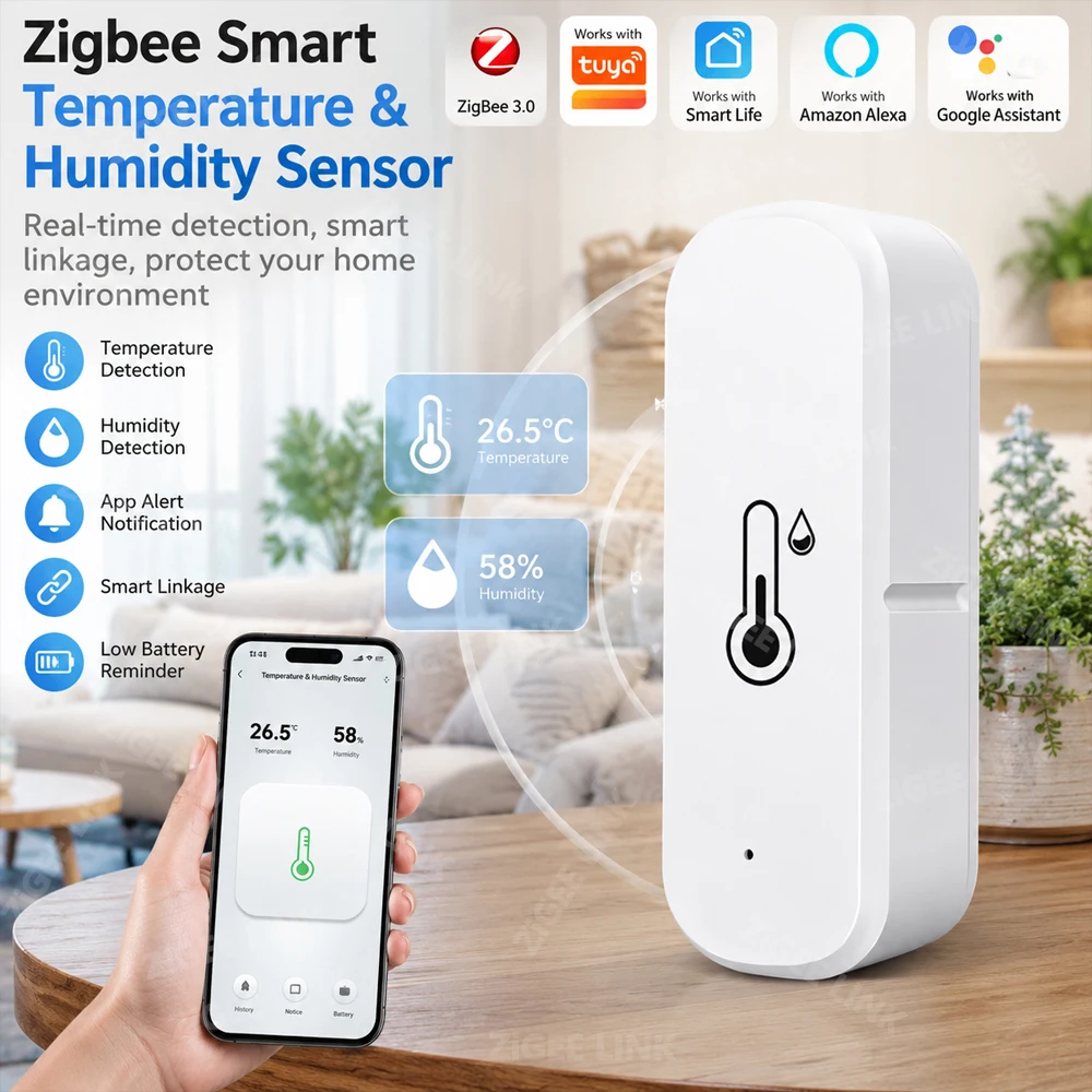 Zigbee Smart Home Sensor APP Remote Monitor Support Alexa Google Alice Zigbee Hub Required For Indoor Ambient Condition Tracking