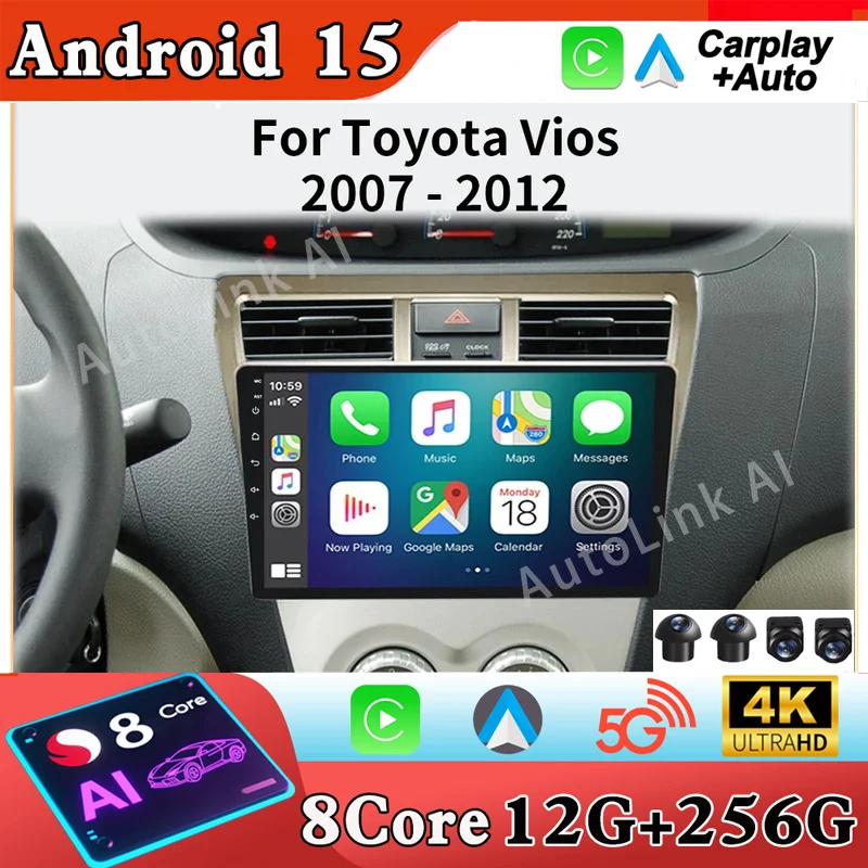 Android 15 Car Stereo Radio For Toyota Vios Yaris 2007 2008-2012 Multimedia Video Player Carplay GPS Navigation With Scree 2 Din