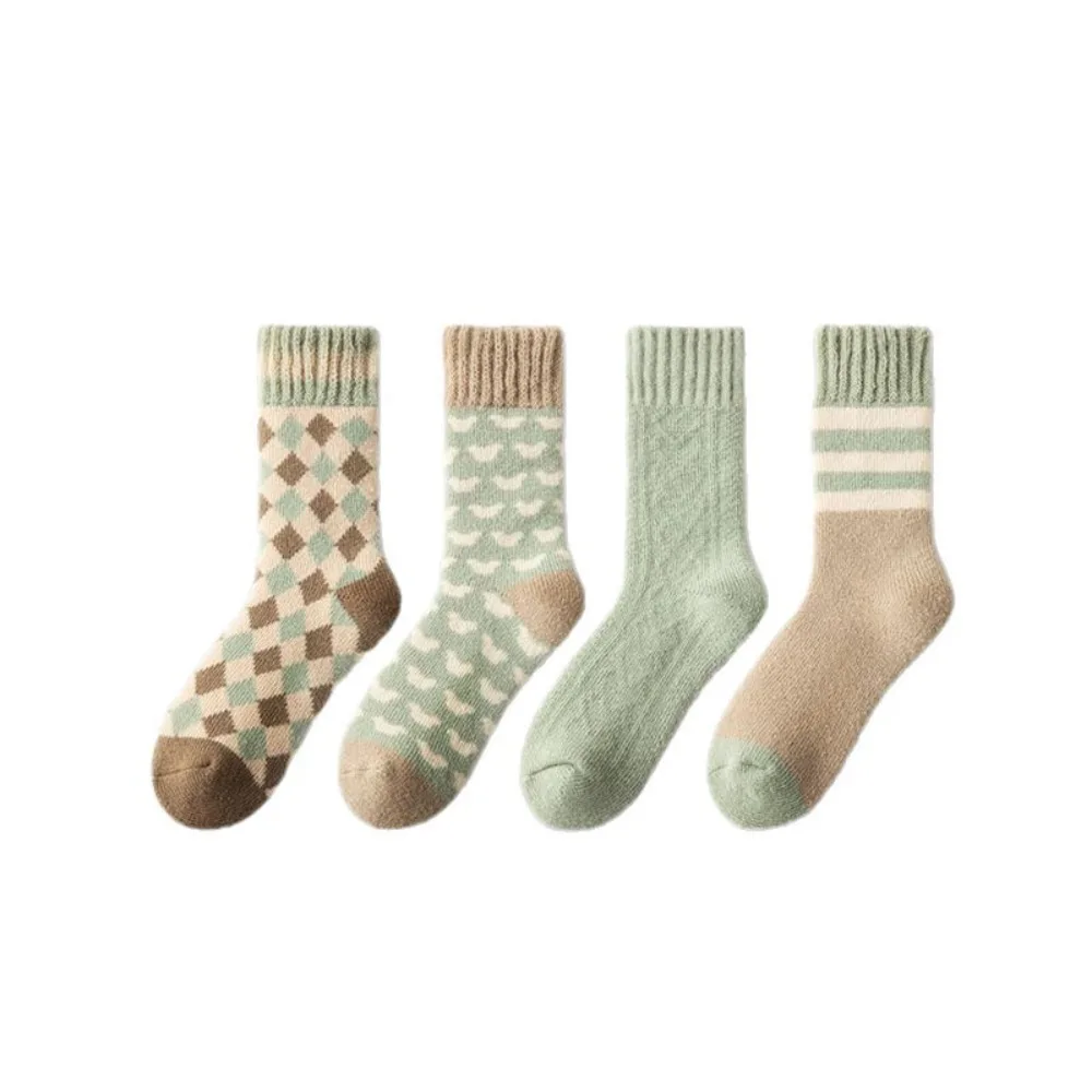 

4Pairs Simple Stripe Grid Thickened Socks Winter Sleeping Floor Plush Socks Mid-tube Hosiery Warm Socks Women Autumn