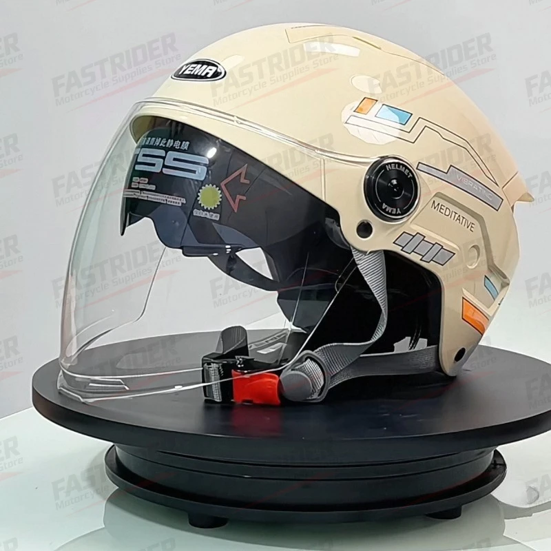 YEMA New Half Helmet Double Lens Large Breathable New Tail Design Electric Vehicle Motorcycle Riding Helmet