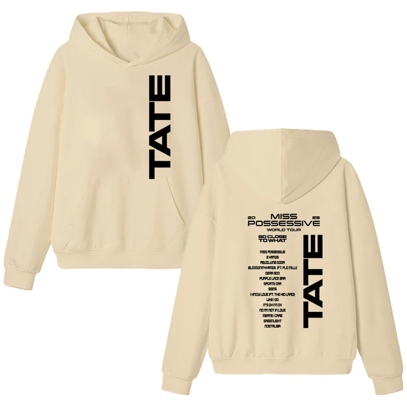 2025 Tate McRae Sudadera con capucha estampada de doble cara para hombre y mujer, jersey informal a la moda, sudadera de manga larga de lana Unisex para Otoño e Invierno