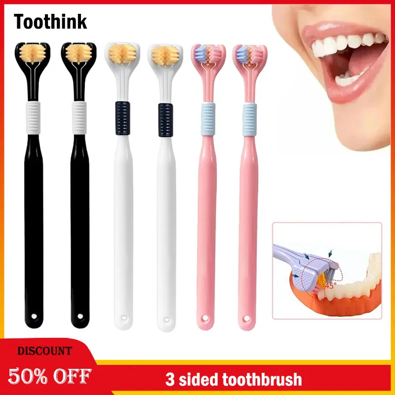 3-Sided Toothbrush 3D Stereo Ultra Fine Soft Hair Adult Toothbrush Tongue Scraper Deep Clean Oral Care Black White Teeth Brush