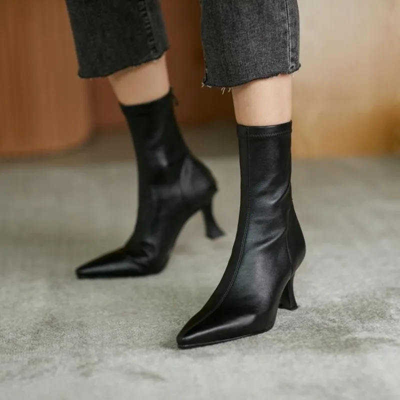 Women Pointy Brown Soft Leather Brown Elastic Boots Famele Stiletto Heels Shoes Ladies Ankle Boots Back Zipper Commuter Boots