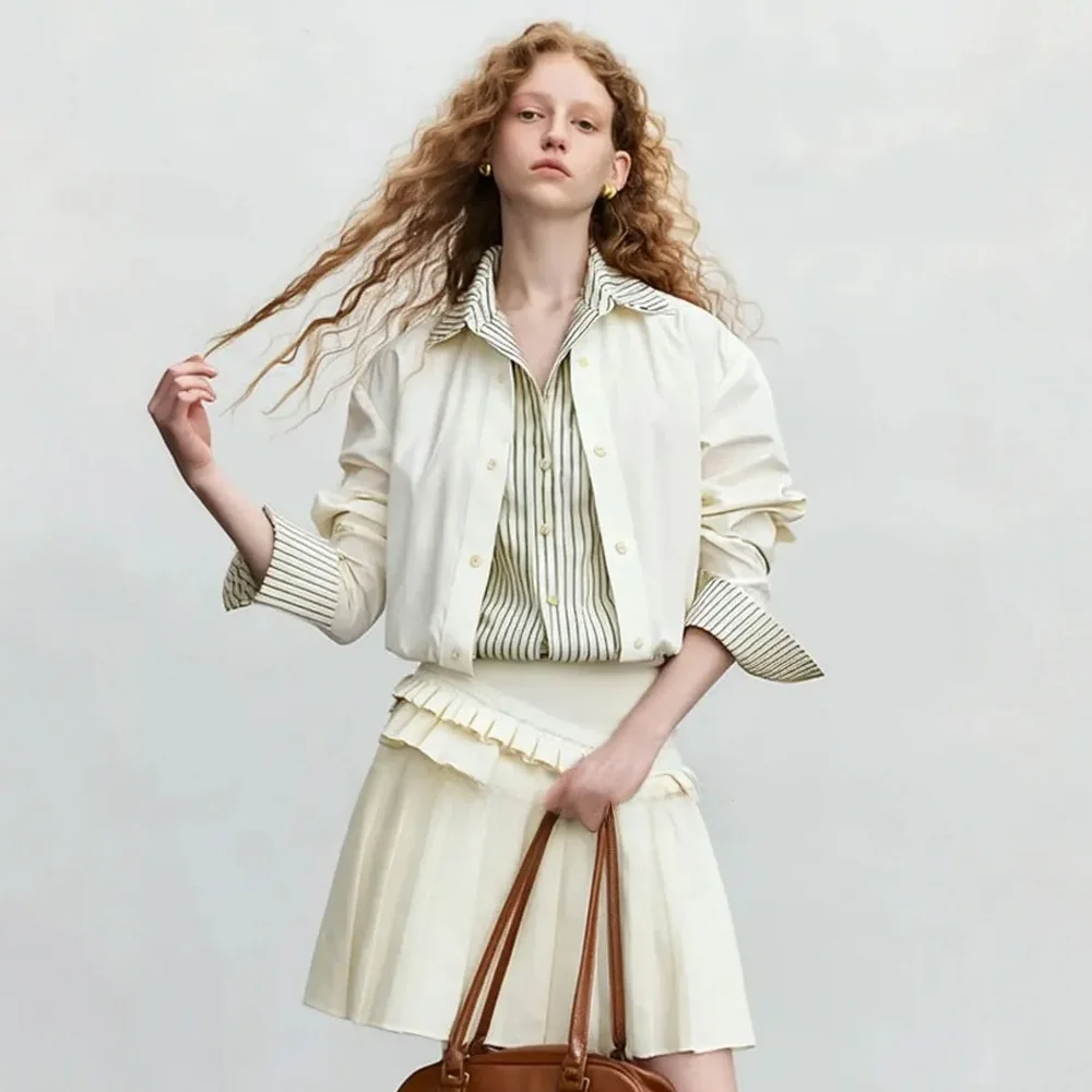 

Женская повседневная блузка ZhuoZhi Весна 2026: Модный дизайн с воротником, полосатыми вставками и французским шиком, свободный крой, длинный рукав