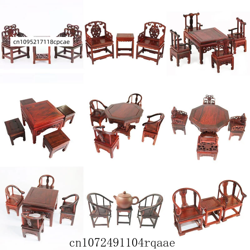 

Redwood Miniature Furniture Model, Antique Style Armchair Table Set, Exquisite Wood Craft Ornament for Home Decor & Collection
