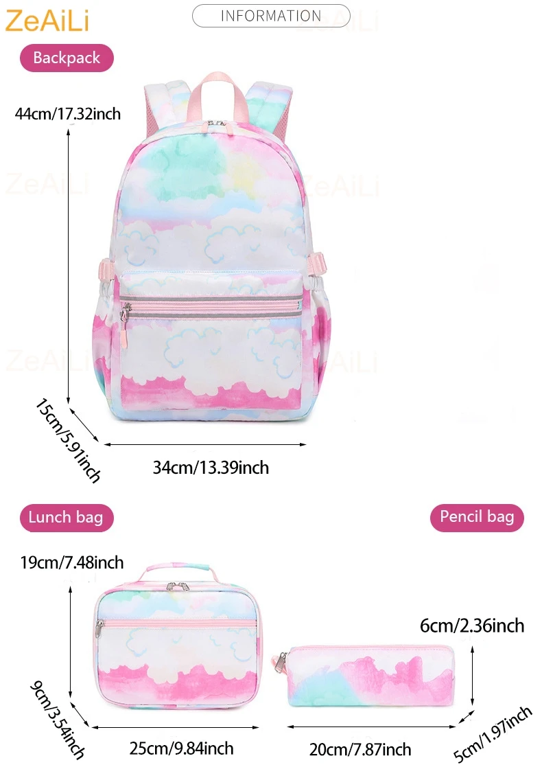 3Pcs Beautiful Dragonfly Floral Butterfly Cat Backpack Lunch Bag Set Large Capacity Lightweight Convenient for School Trips