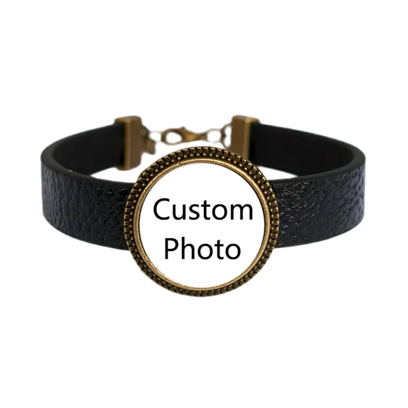 Custom Bracelet With Photo Customized Products Exquisite Glass Cabochon Adjustable Leather Bangles for Men Women Couple Jewelry