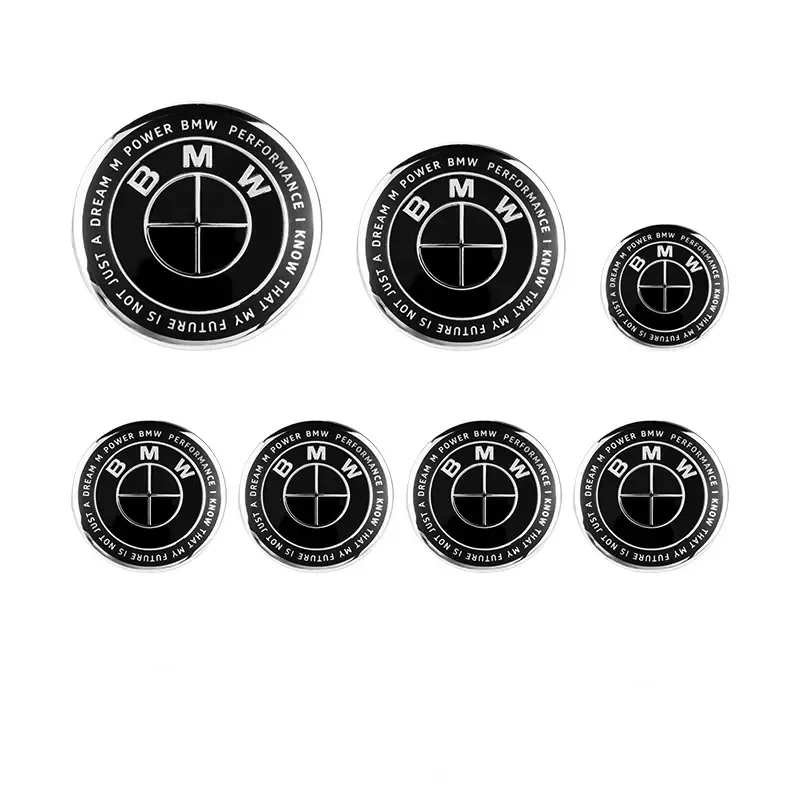 

-2023 New 7Pcs Front Hood Emblem For BMW 50th Anniversary Logo 82mm+Rear Badge 74mm+Wheel HubCap 68mm+Steering Wheel Sticker 45m
