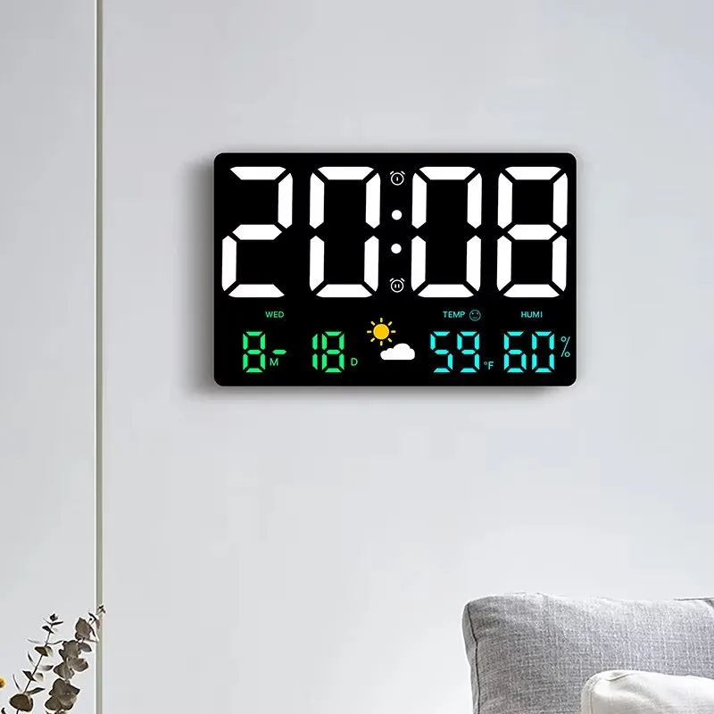 Smart Mute LED Wall Clock with Large Screen Temperature and Humidity Display Weather Clock Multifunctional Digital Color Alarm