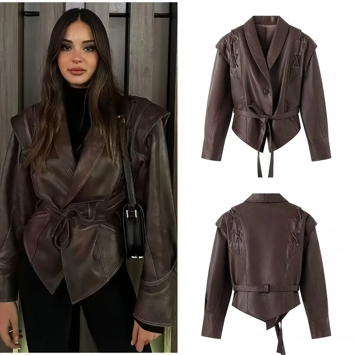 PB&ZA 2024 early autumn new women\'s design retro irregular temperament with belt waist leather long-sleeved jacket top