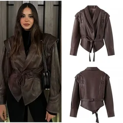 PB&ZA 2024 early autumn new women's design retro irregular temperament with belt waist leather long-sleeved jacket top