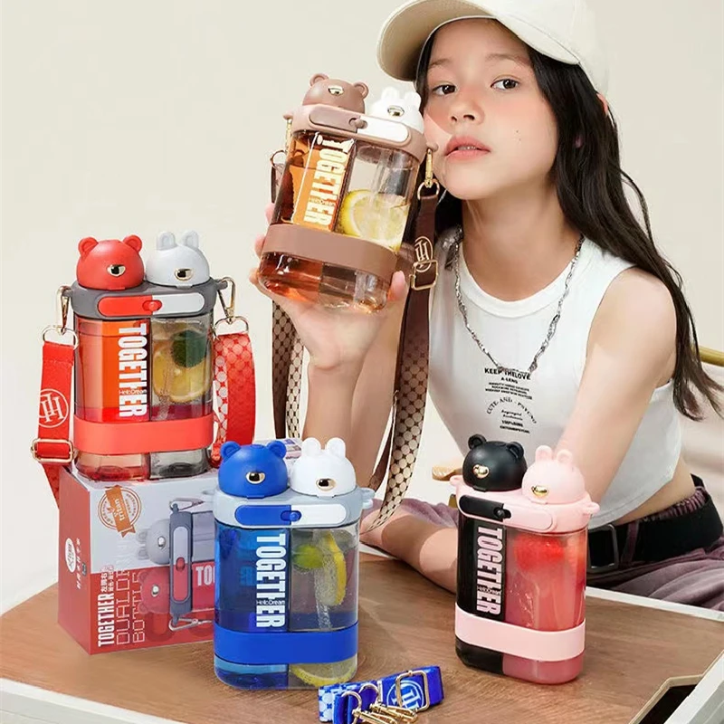 

Cartoon Kawaii Flat Water Bottle for Girls Boys Kids Cute Plastic Tritan Double Drinking Bottle with Strap Straw Filter BPA Free