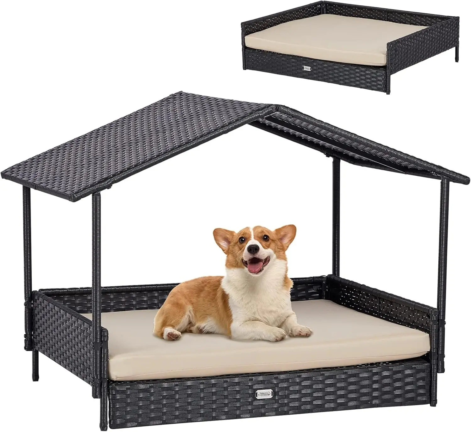 NATURAL EXPRESSIONS 2-in-1 Wicker Dog House,Elevated Dog Bed for Indoor/Outdoor with Removable Canopy,Large Dog House