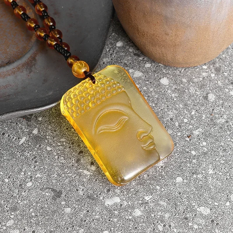 Buddha Pendant Frosted Yellow Crystal Beaded Necklace Exorcist Amulet Jewelry Gift Men Women