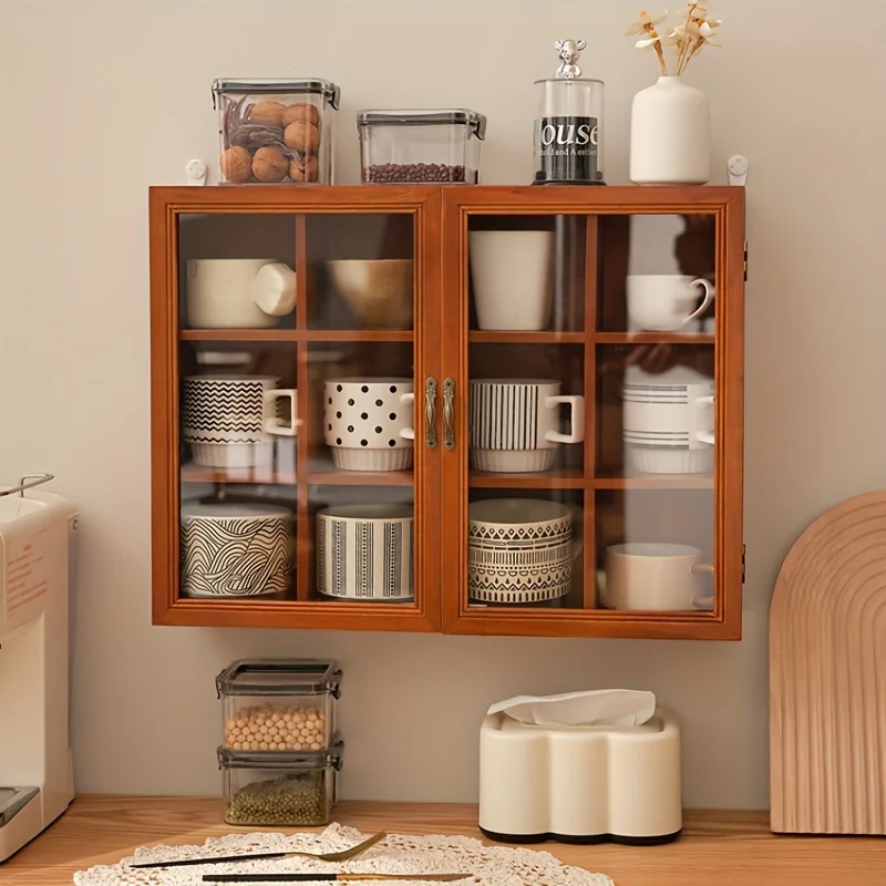 Custom.Vintage Wooden Display Cabinet with Glass - Cups, Tea Sets & Antiques Storage, Dustproof Kitchen & Dini